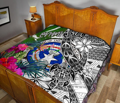 Northern Mariana Islands Premium Quilt White - Turtle Plumeria Banana Leaf