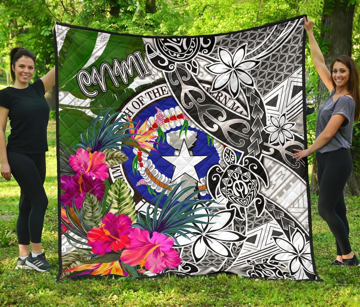 Northern Mariana Islands Premium Quilt White - Turtle Plumeria Banana Leaf