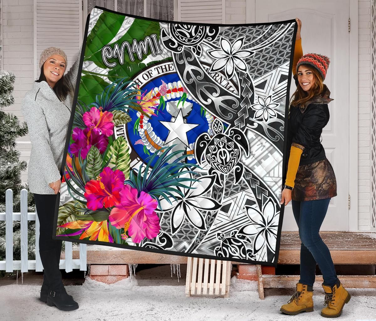 Northern Mariana Islands Premium Quilt White - Turtle Plumeria Banana Leaf