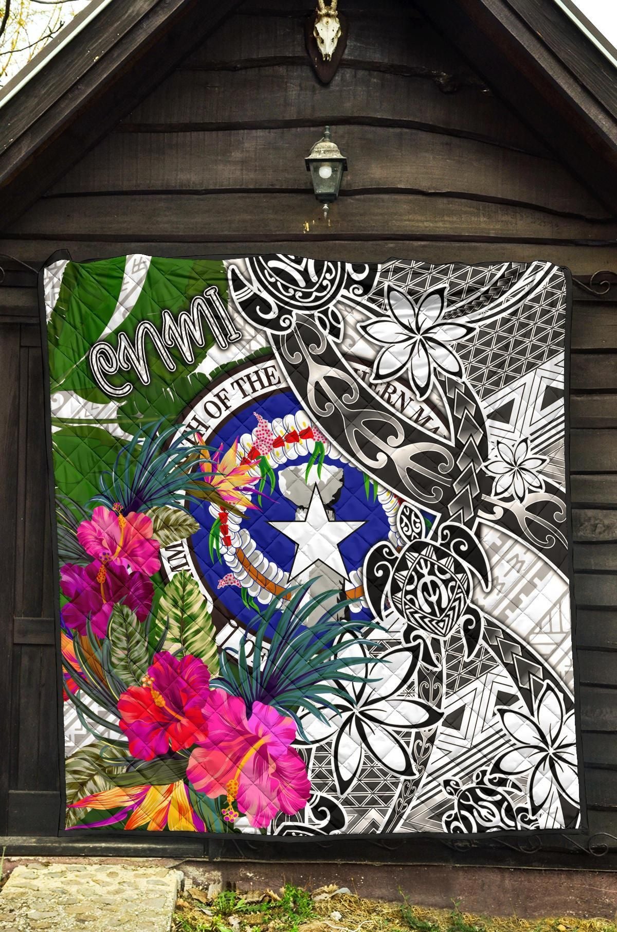 Northern Mariana Islands Premium Quilt White - Turtle Plumeria Banana Leaf