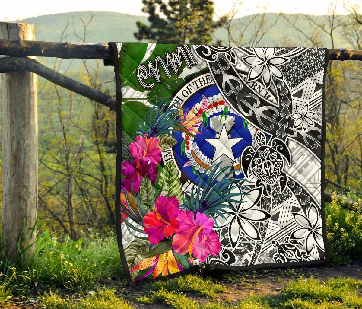 Northern Mariana Islands Premium Quilt White - Turtle Plumeria Banana Leaf