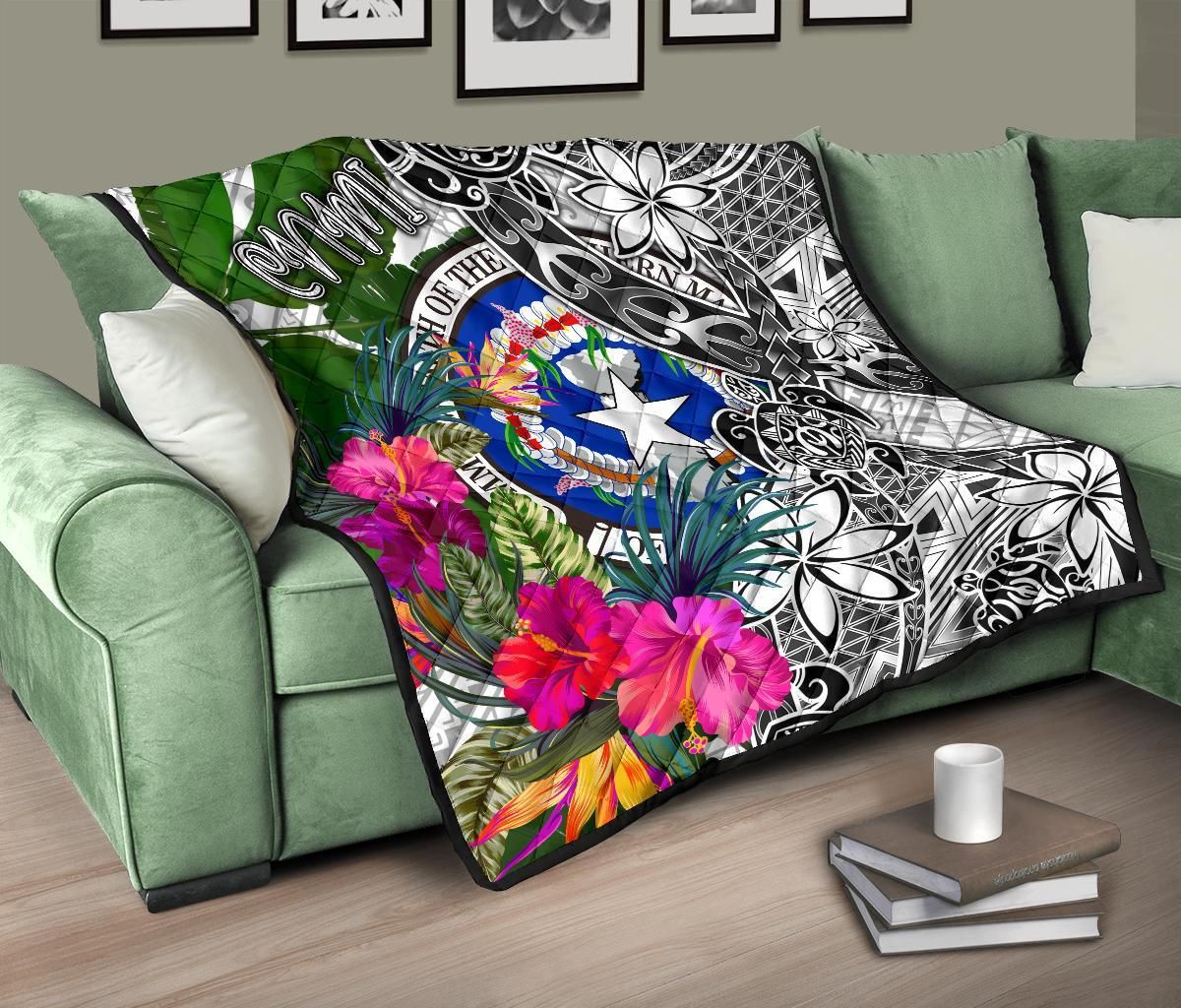 Northern Mariana Islands Premium Quilt White - Turtle Plumeria Banana Leaf