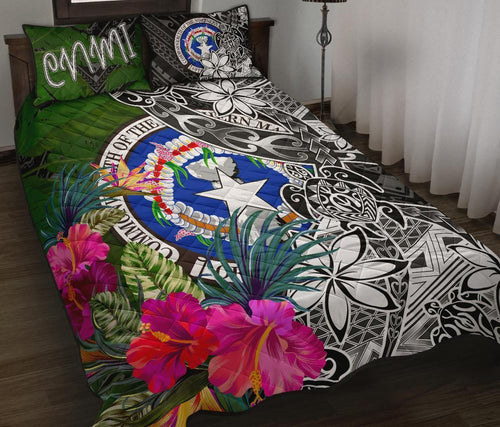 Northern Mariana Islands Quilt Bed Set - Turtle Plumeria Banana Leaf