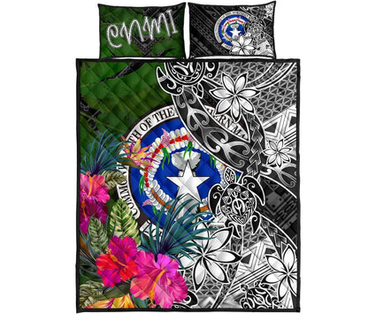 Northern Mariana Islands Quilt Bed Set - Turtle Plumeria Banana Leaf