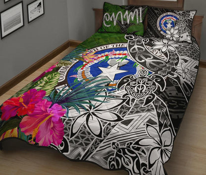 Northern Mariana Islands Quilt Bed Set - Turtle Plumeria Banana Leaf