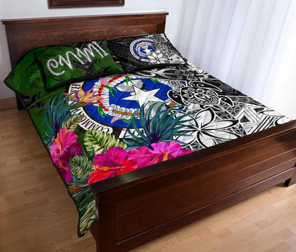 Northern Mariana Islands Quilt Bed Set - Turtle Plumeria Banana Leaf