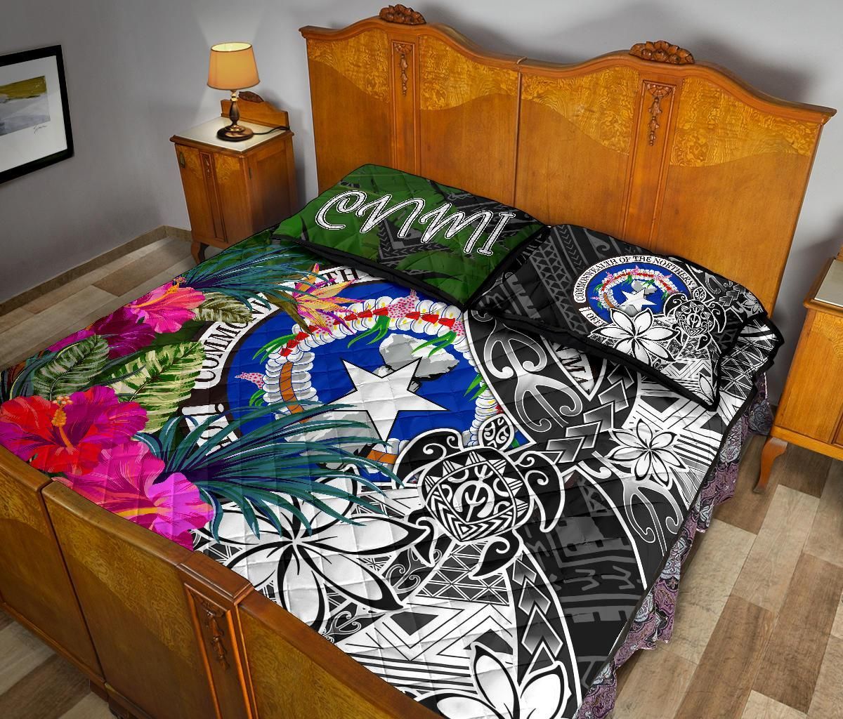 Northern Mariana Islands Quilt Bed Set - Turtle Plumeria Banana Leaf