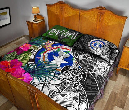 Northern Mariana Islands Quilt Bed Set - Turtle Plumeria Banana Leaf