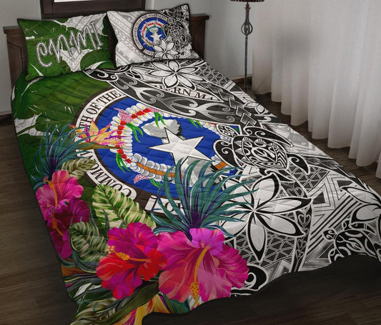 Northern Mariana Islands Quilt Bed Set White - Turtle Plumeria Banana Leaf