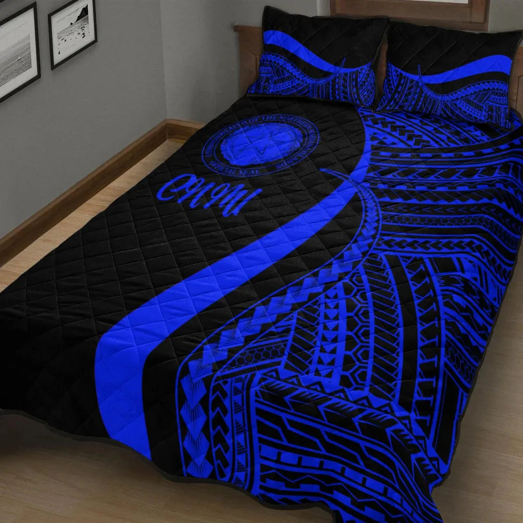 Northern Mariana Islands Quilt Bed Set - Blue Polynesian Tentacle Tribal Pattern