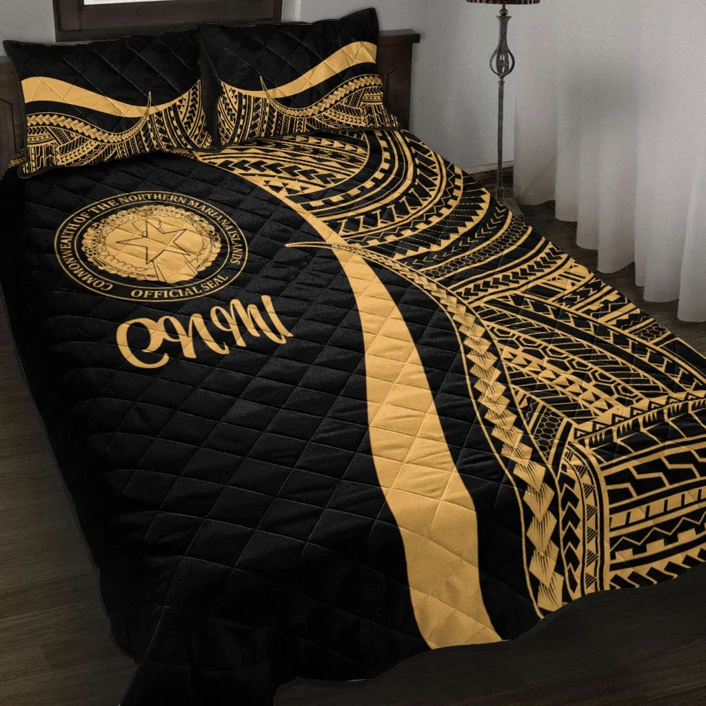 Northern Mariana Islands Quilt Bed Set - Gold Polynesian Tentacle Tribal Pattern