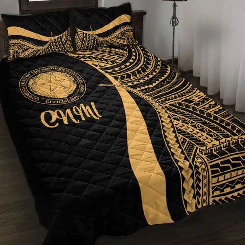 Northern Mariana Islands Quilt Bed Set - Gold Polynesian Tentacle Tribal Pattern
