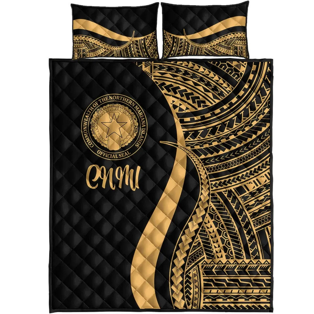Northern Mariana Islands Quilt Bed Set - Gold Polynesian Tentacle Tribal Pattern