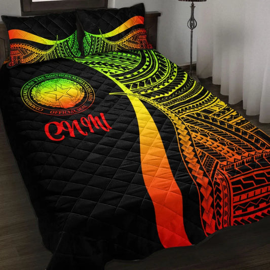 Northern Mariana Islands Quilt Bed Set - Reggae Polynesian Tentacle Tribal Pattern