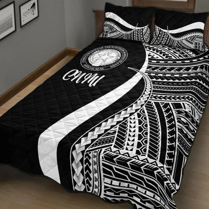 Northern Mariana Islands Quilt Bed Set - White Polynesian Tentacle Tribal Pattern