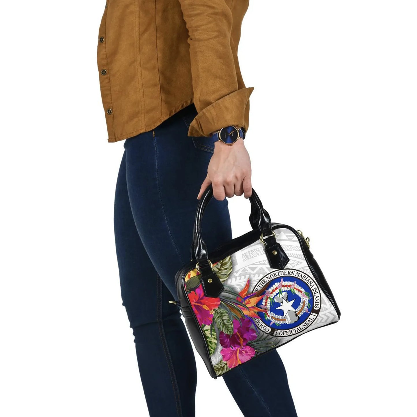 Northern Mariana Islands Shoulder Handbag Polynesian Hibiscus White Pattern