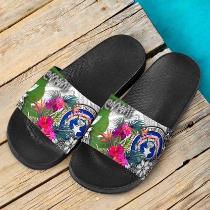 Northern Mariana Islands Slide Sandals - Turtle Plumeria Banana Leaf