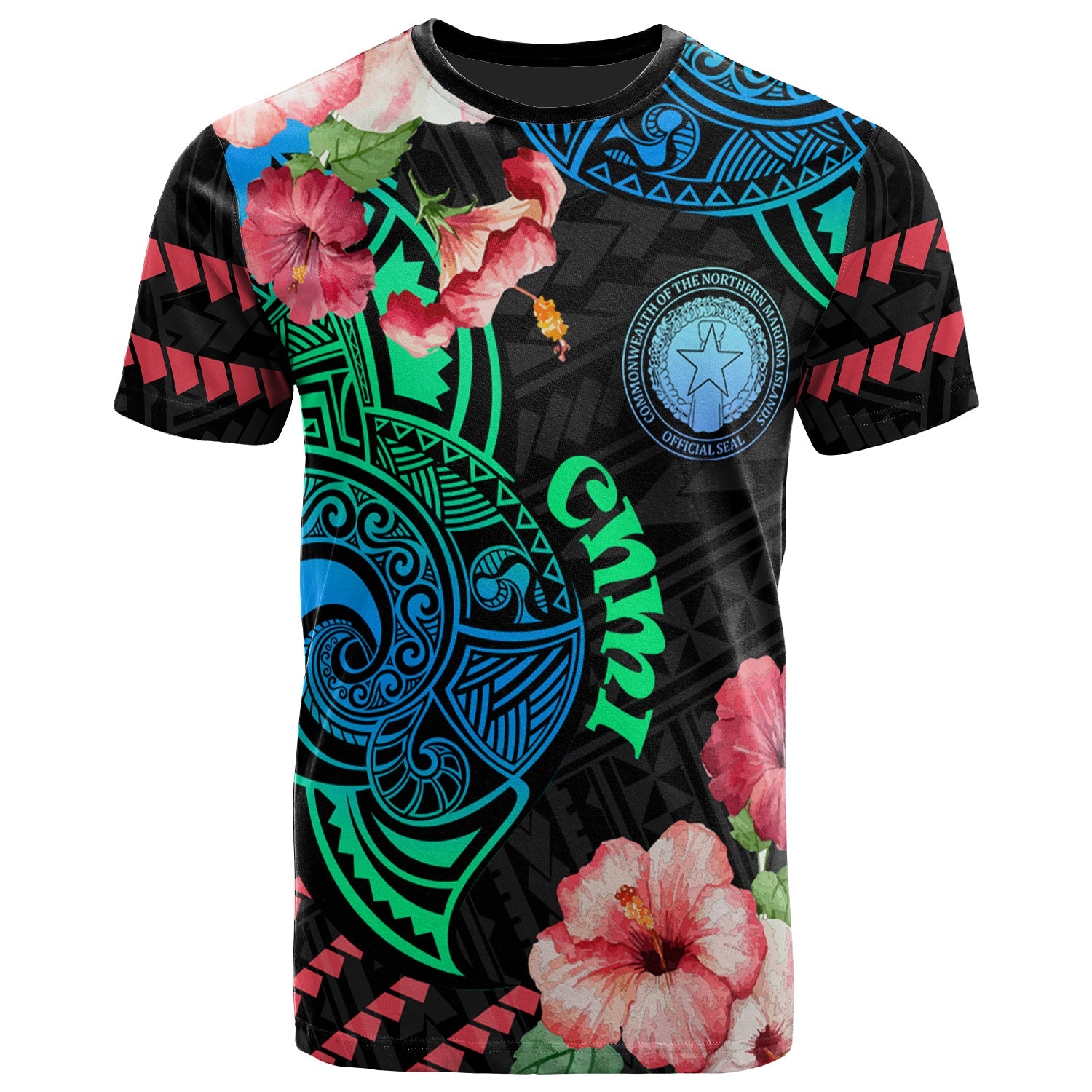 Northern Mariana Islands T-Shirt - Polynesian Pride with Hibicus Flower Tribal Pattern
