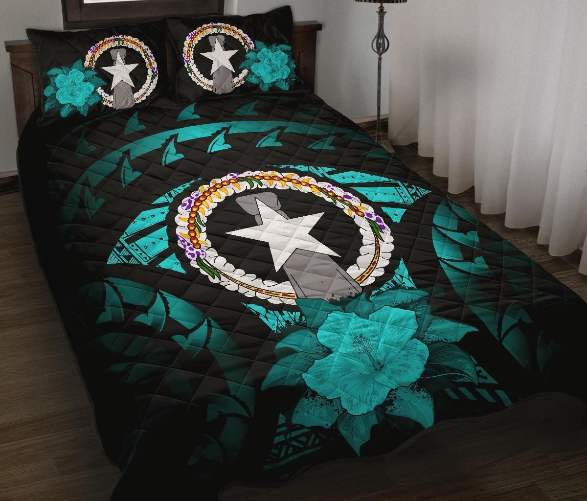 Northern Mariana Islands Polynesian Quilt Bed Set Hibiscus Turquoise