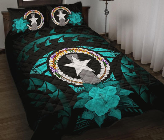 Northern Mariana Islands Polynesian Quilt Bed Set Hibiscus Turquoise