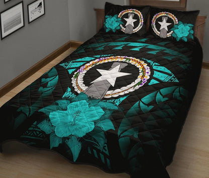 Northern Mariana Islands Polynesian Quilt Bed Set Hibiscus Turquoise
