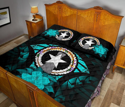 Northern Mariana Islands Polynesian Quilt Bed Set Hibiscus Turquoise