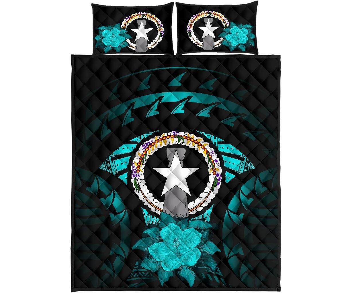 Northern Mariana Islands Polynesian Quilt Bed Set Hibiscus Turquoise