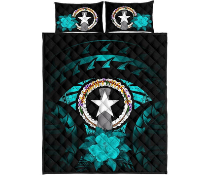 Northern Mariana Islands Polynesian Quilt Bed Set Hibiscus Turquoise