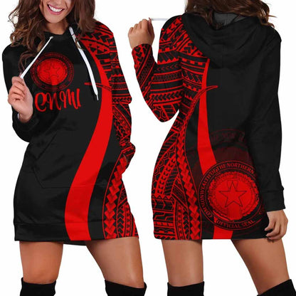 Northern Mariana Islands Female Hoodie Dress - Red Polynesian Tentacle Tribal Pattern
