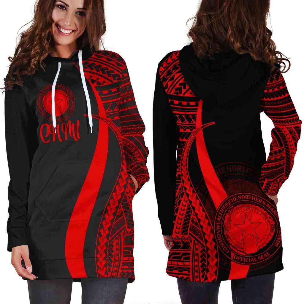 Northern Mariana Islands Female Hoodie Dress - Red Polynesian Tentacle Tribal Pattern