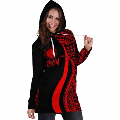 Northern Mariana Islands Female Hoodie Dress - Red Polynesian Tentacle Tribal Pattern