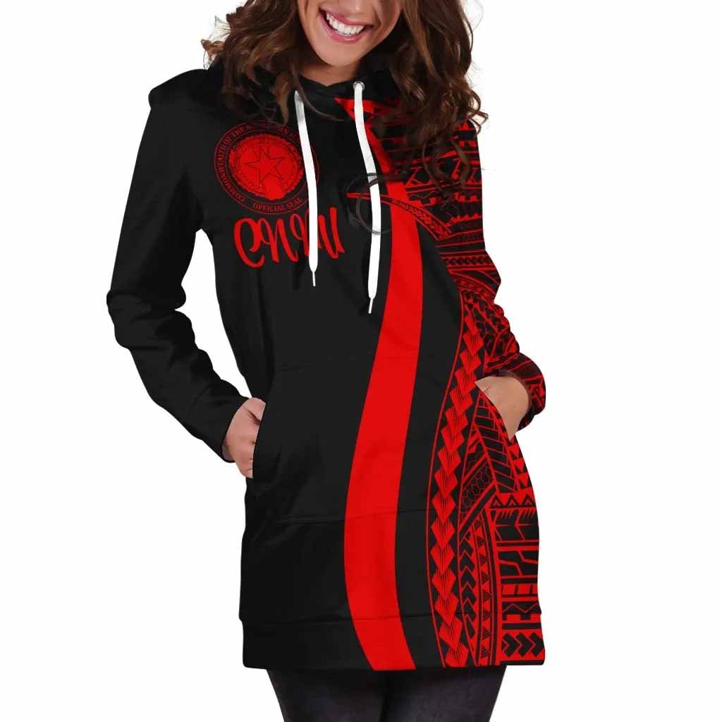 Northern Mariana Islands Female Hoodie Dress - Red Polynesian Tentacle Tribal Pattern