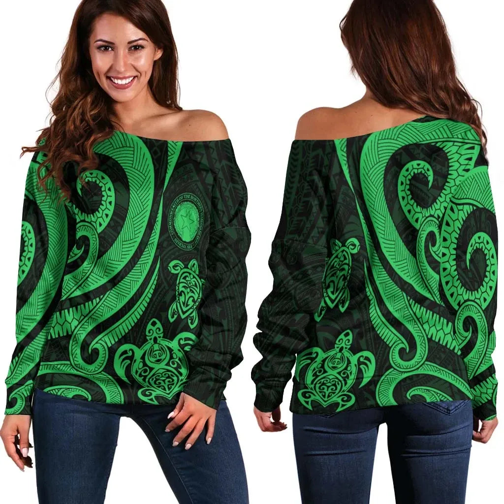 Northern Mariana Islands Women Off Shoulder Sweater - Green Tentacle Turtle