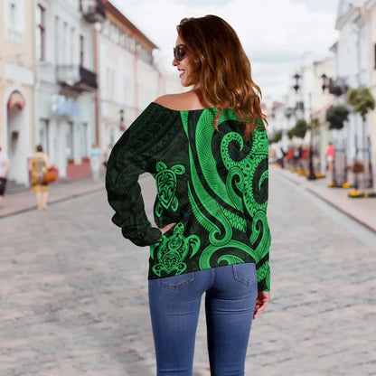 Northern Mariana Islands Women Off Shoulder Sweater - Green Tentacle Turtle