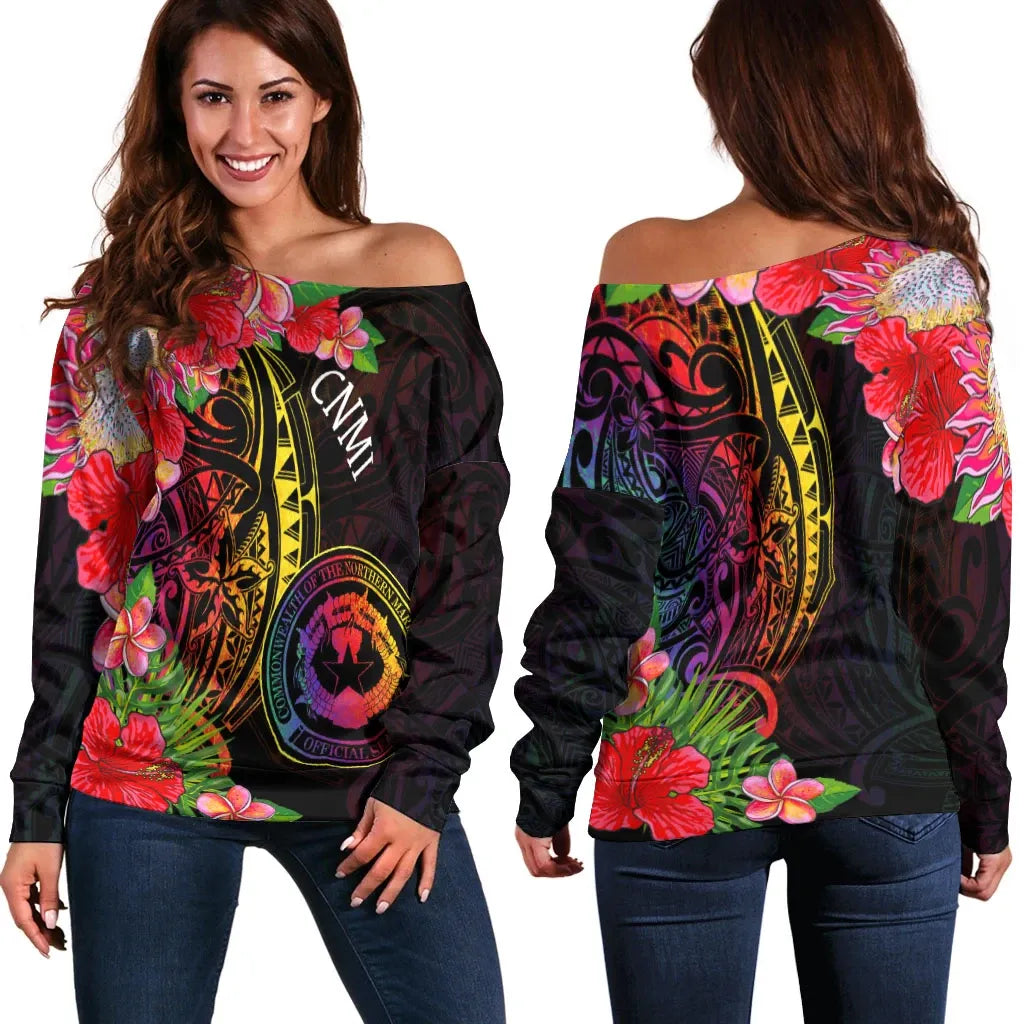 Northern Mariana Islands Women Off Shoulder Sweater - Tropical Hippie Style