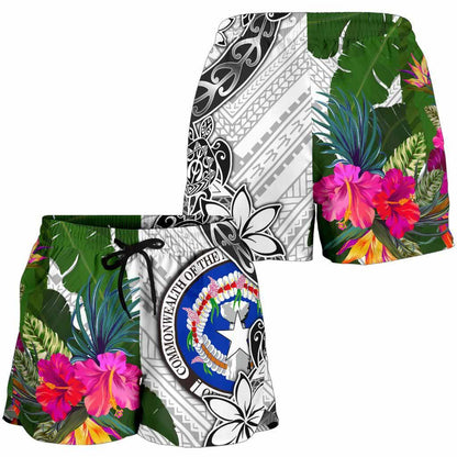 Northern Mariana Islands Women Shorts White - Turtle Plumeria Banana Leaf