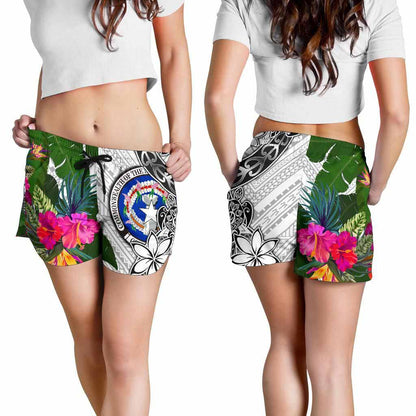 Northern Mariana Islands Women Shorts White - Turtle Plumeria Banana Leaf