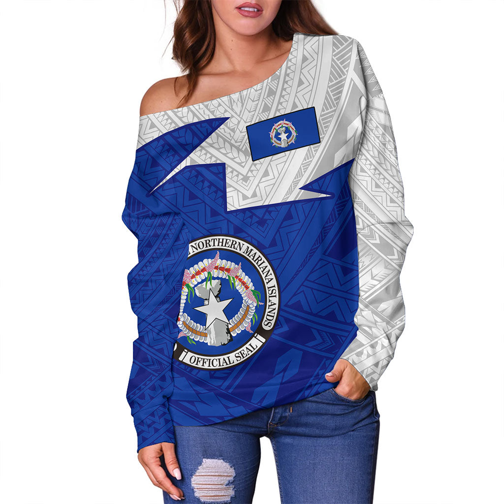 Northern Mariana Islands Off Shoulder Sweatshirt Polynesian Tattoo Flag And Coat Of Arms