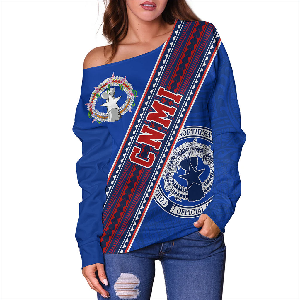 Northern Mariana Islands Off Shoulder Sweatshirt Flag And Coat Of Arms