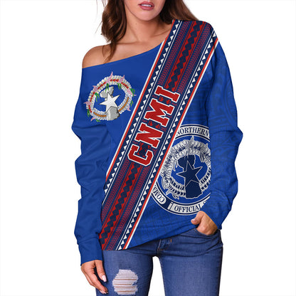 Northern Mariana Islands Off Shoulder Sweatshirt Flag And Coat Of Arms