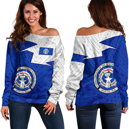 Northern Mariana Islands Off Shoulder Sweatshirt Polynesian Tattoo Flag And Coat Of Arms