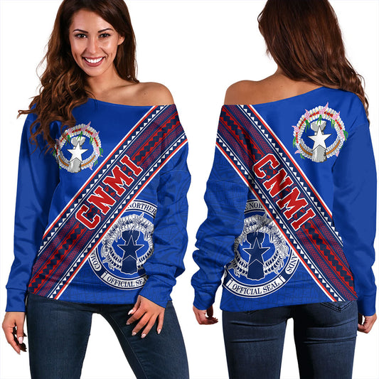 Northern Mariana Islands Off Shoulder Sweatshirt Flag And Coat Of Arms
