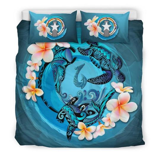 Polynesian Duvet Cover Set - Northern Mariana Islands Bedding Set Blue Plumeria Animal Tattoo