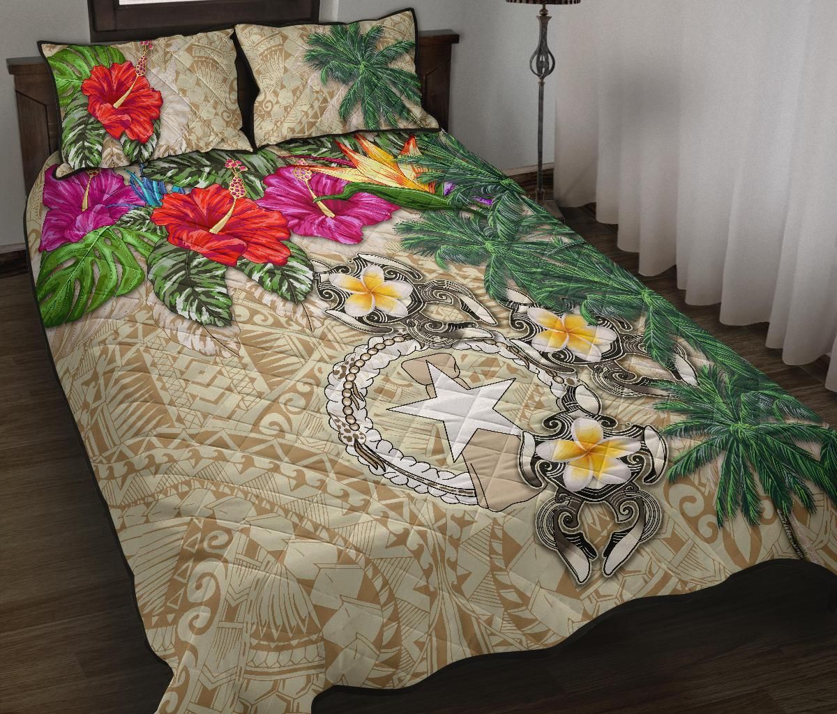 Northern Mariana Islands Polynesian Quilt Bed Set - Hibiscus Turtle Tattoo Beige