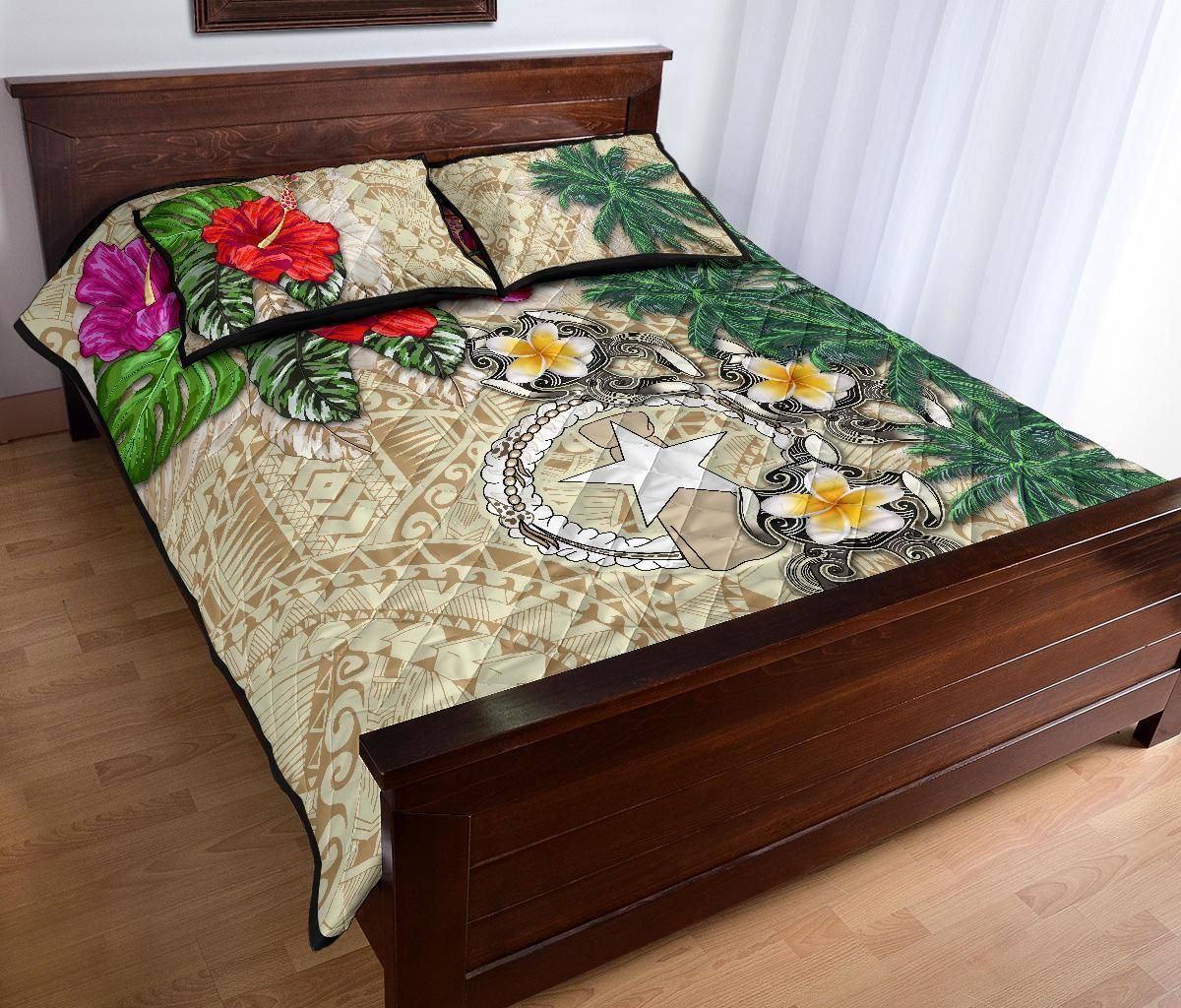 Northern Mariana Islands Polynesian Quilt Bed Set - Hibiscus Turtle Tattoo Beige