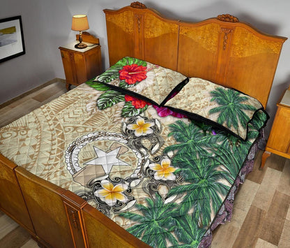 Northern Mariana Islands Polynesian Quilt Bed Set - Hibiscus Turtle Tattoo Beige