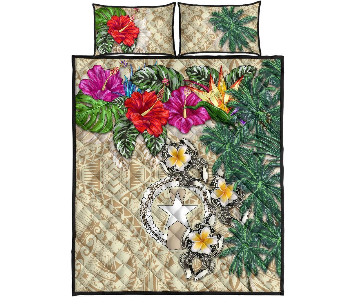 Northern Mariana Islands Polynesian Quilt Bed Set - Hibiscus Turtle Tattoo Beige
