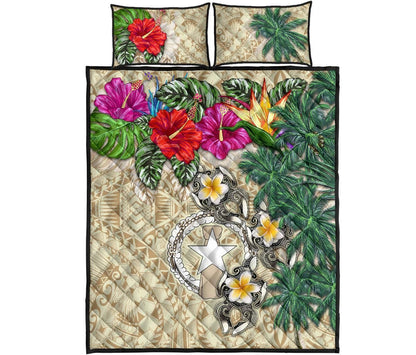 Northern Mariana Islands Polynesian Quilt Bed Set - Hibiscus Turtle Tattoo Beige