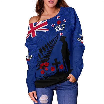 New Zealand Off Shoulder Sweatshirt Flag Maori Pattern Solider Fern Lest We Forget