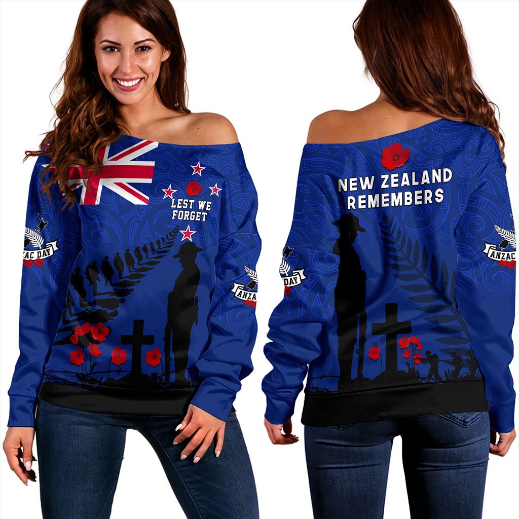 New Zealand Off Shoulder Sweatshirt Flag Maori Pattern Solider Fern Lest We Forget